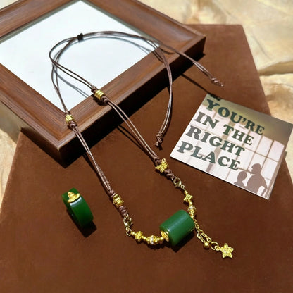 Modern Oriental Green Barrel Bead Necklace Handwoven Cord for Women Empowerment Prosperity Jewelry