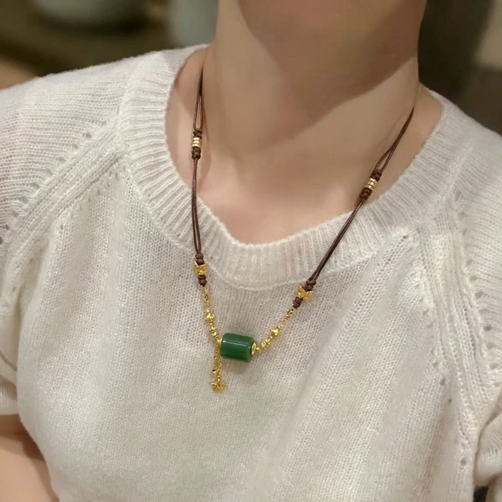 Modern Oriental Green Barrel Bead Necklace Handwoven Cord for Women Empowerment Prosperity Jewelry