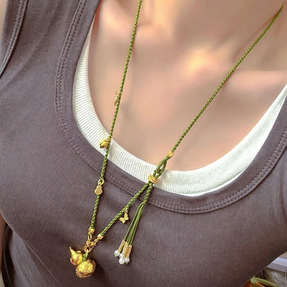 Heritage Gold Gourd Pendant Handwoven Necklace Green Tassel Prosperity Amulet
