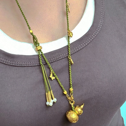 Heritage Gold Gourd Pendant Handwoven Necklace Green Tassel Prosperity Amulet