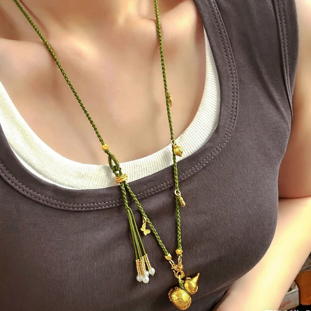 Heritage Gold Gourd Pendant Handwoven Necklace Green Tassel Prosperity Amulet