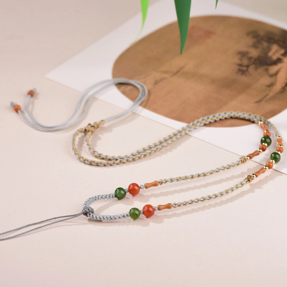 Handwoven Southern Red Agate Necklace Cord with Olive Pit Bamboo Accents for Emotional Vitality