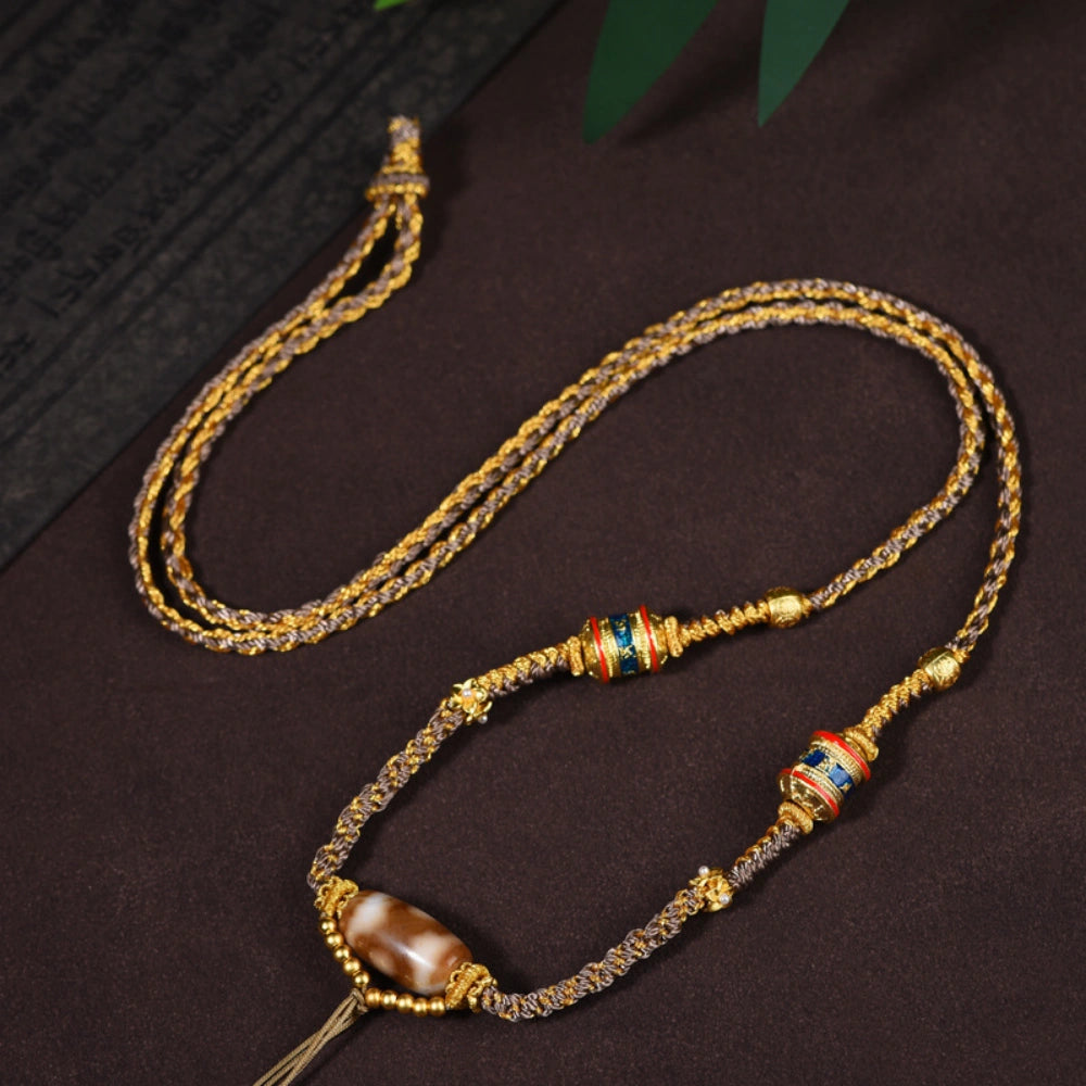 Hand-Woven Tibetan Dzi Bead Necklace - Vintage Ethnic Protection Amulet for Women
