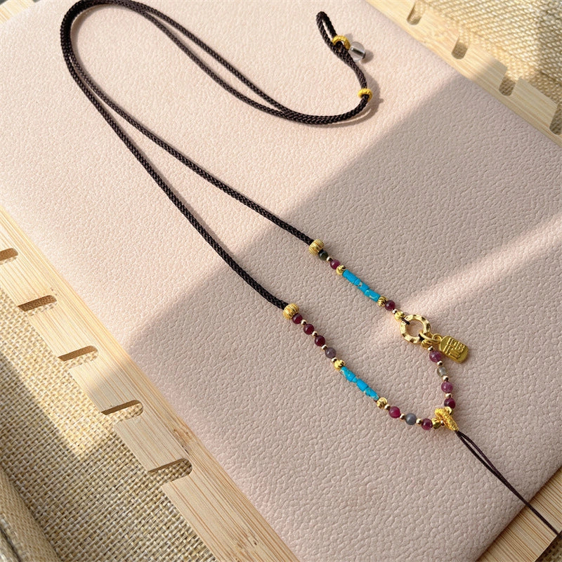 Handmade Woven Necklace Cord with Turquoise and Tourmaline Empowering Amulet String