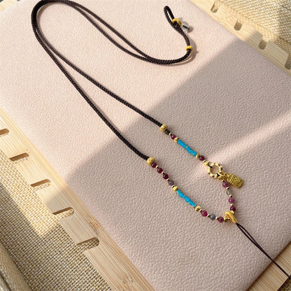 Handmade Woven Necklace Cord with Turquoise and Tourmaline Empowering Amulet String