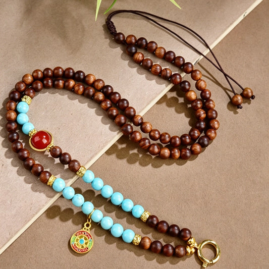 Mulstio Wisdom Mala Mala Bead Necklace Natural Turquoise Pearwood Balance Empowerment Talisman