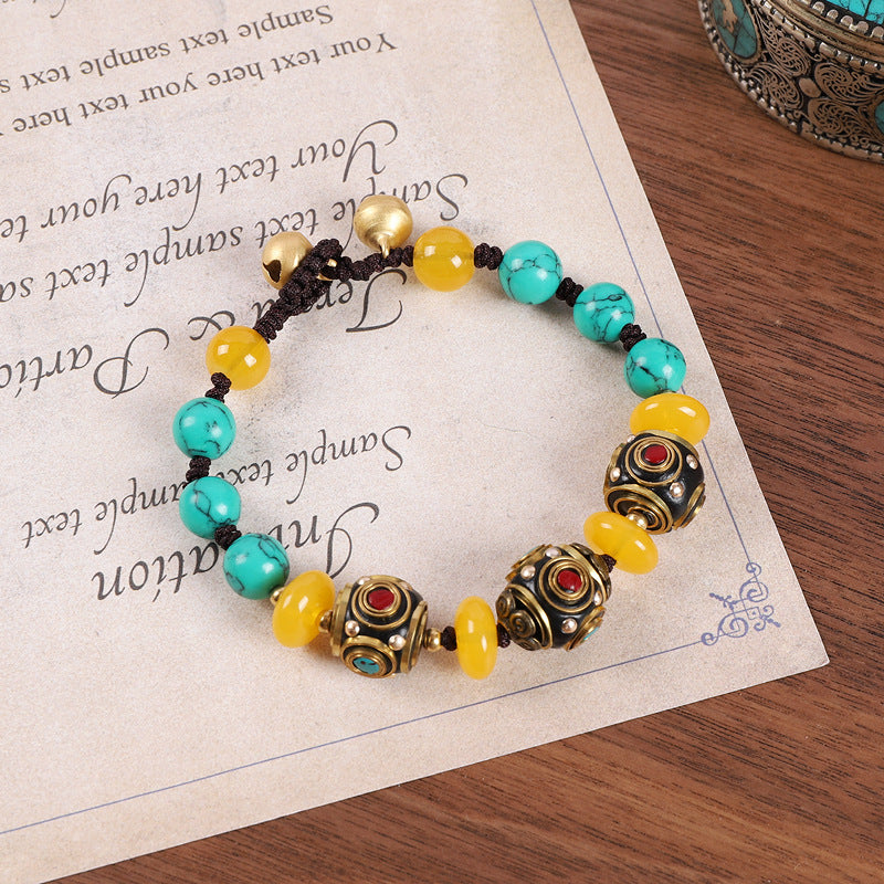 Handmade Bohemian Amulet Bracelet with Natural Turquoise & Obsidian - Mulstio Spiritual Jewelry