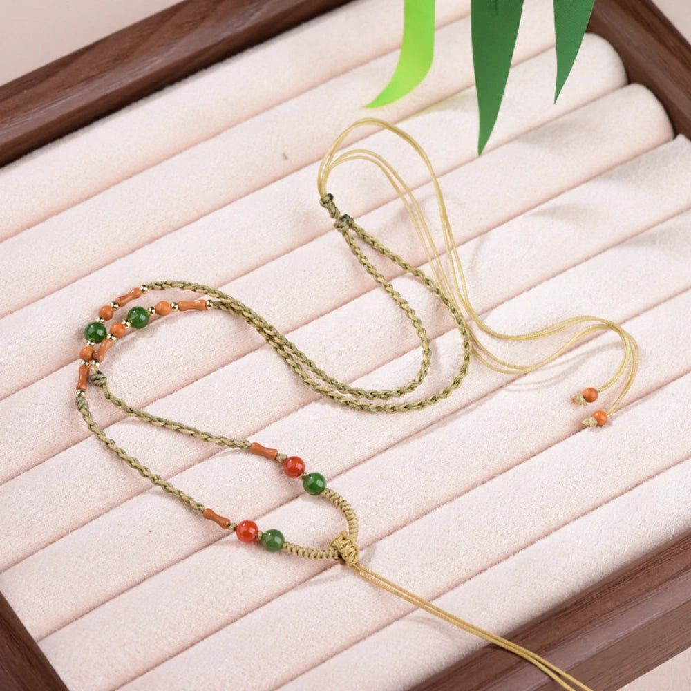 Handwoven Southern Red Agate Necklace Cord with Olive Pit Bamboo Accents for Emotional Vitality