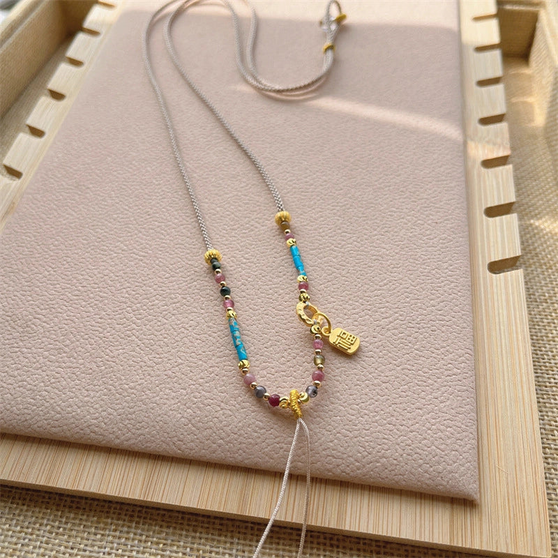 Handmade Woven Necklace Cord with Turquoise and Tourmaline Empowering Amulet String