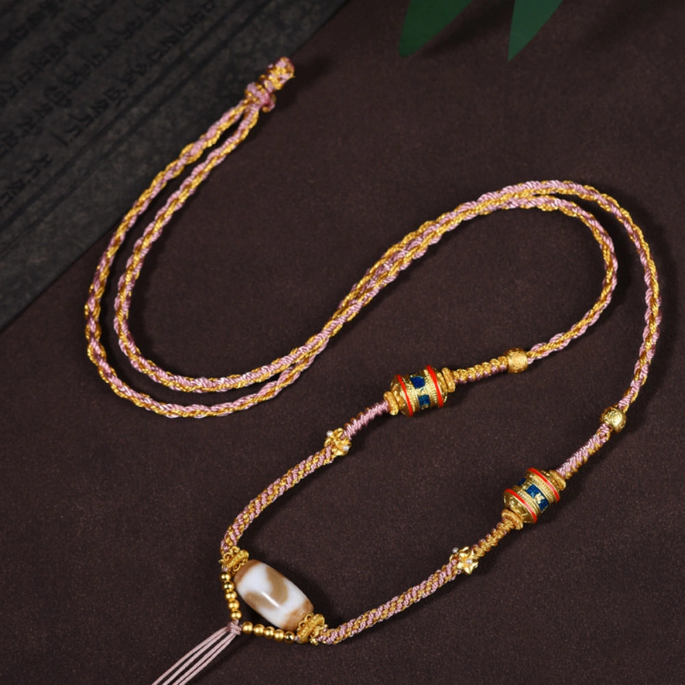 Hand-Woven Tibetan Dzi Bead Necklace - Vintage Ethnic Protection Amulet for Women