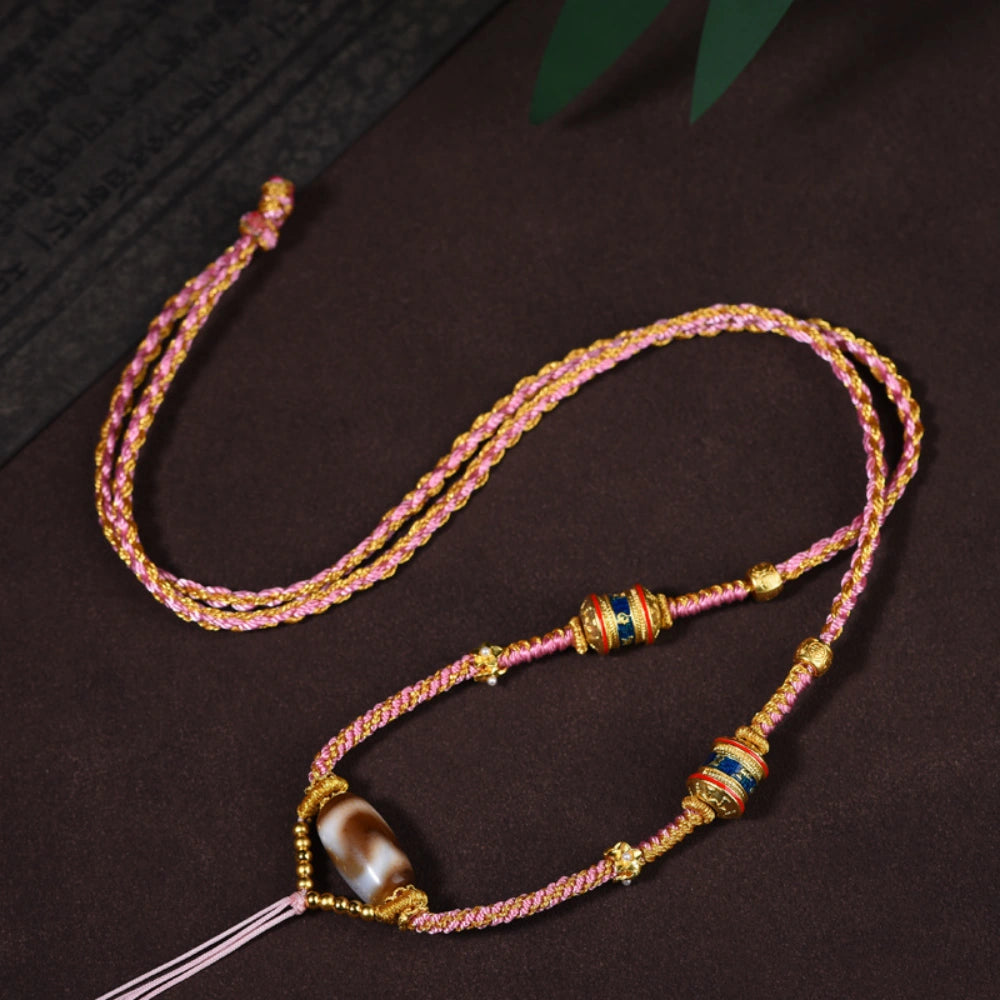 Hand-Woven Tibetan Dzi Bead Necklace - Vintage Ethnic Protection Amulet for Women