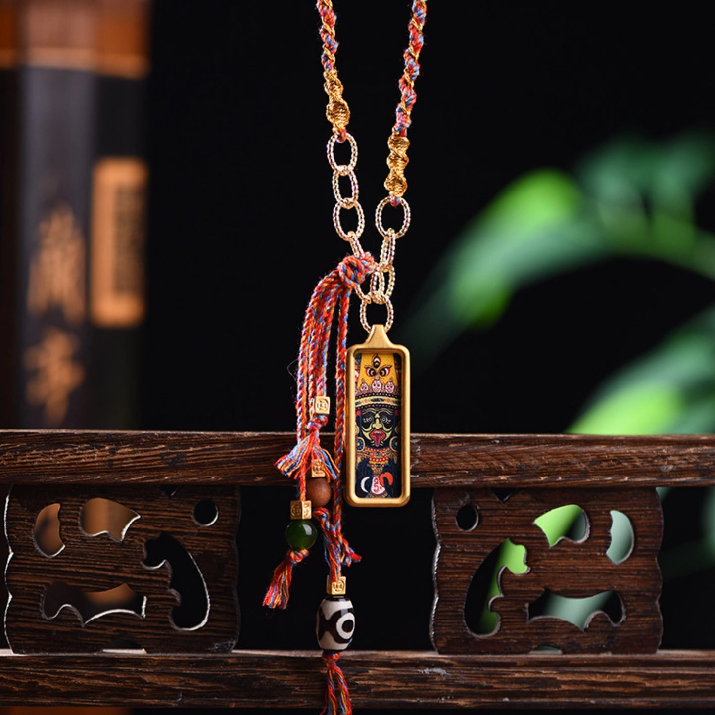 Mulstio Hand-Painted Thangka Empowerment Necklace Artisanal Hand-Woven Protection Amulet with Thangka Art Stone