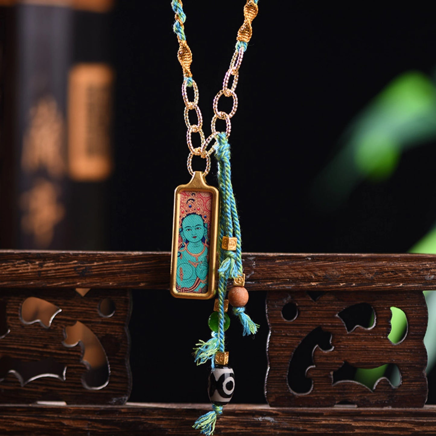 Mulstio Hand-Painted Thangka Empowerment Necklace Artisanal Hand-Woven Protection Amulet with Thangka Art Stone
