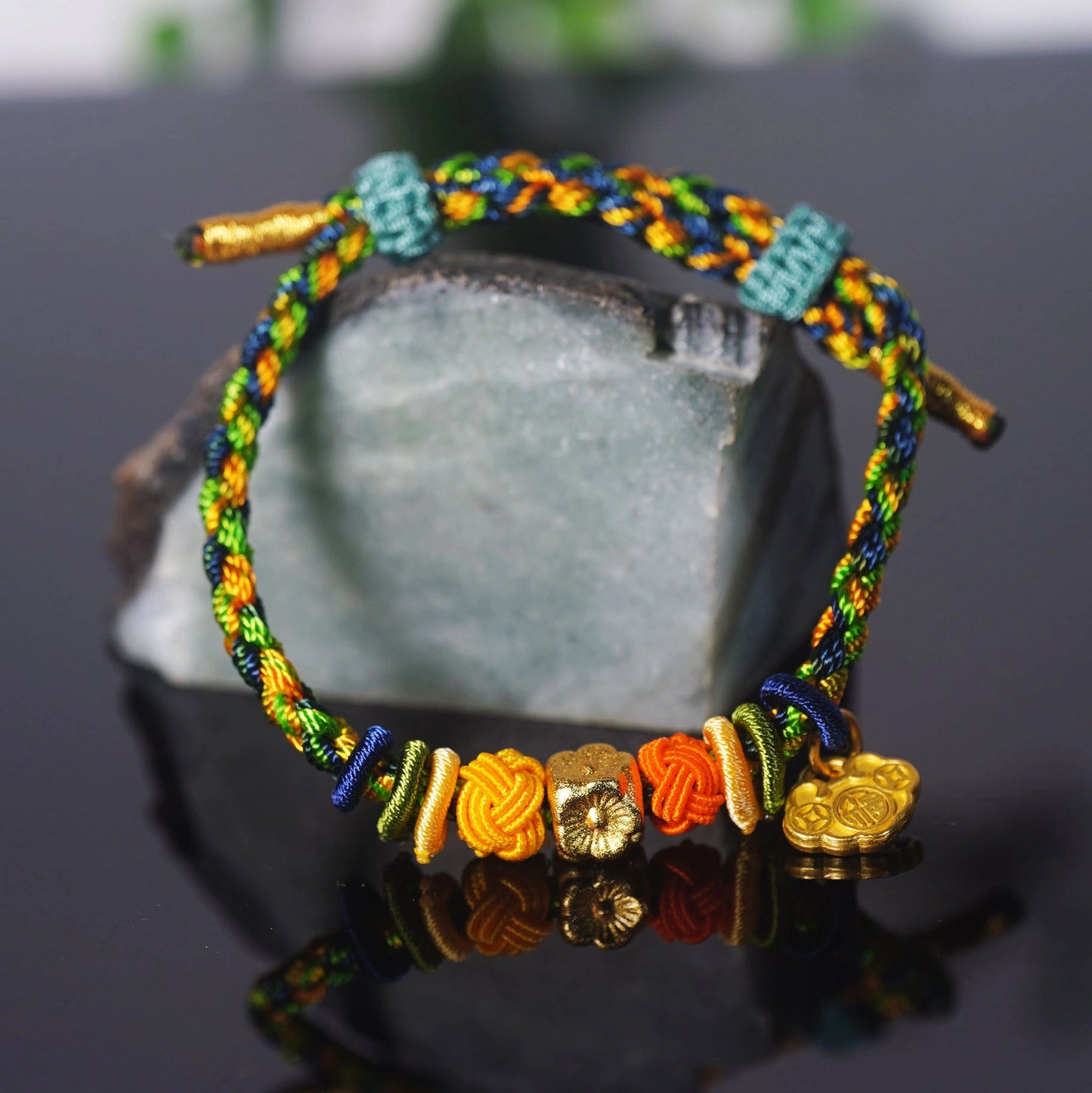 Oriental Knot of Destiny Bracelet - Handcrafted Five-Element Weave with Ancient Gold Charm