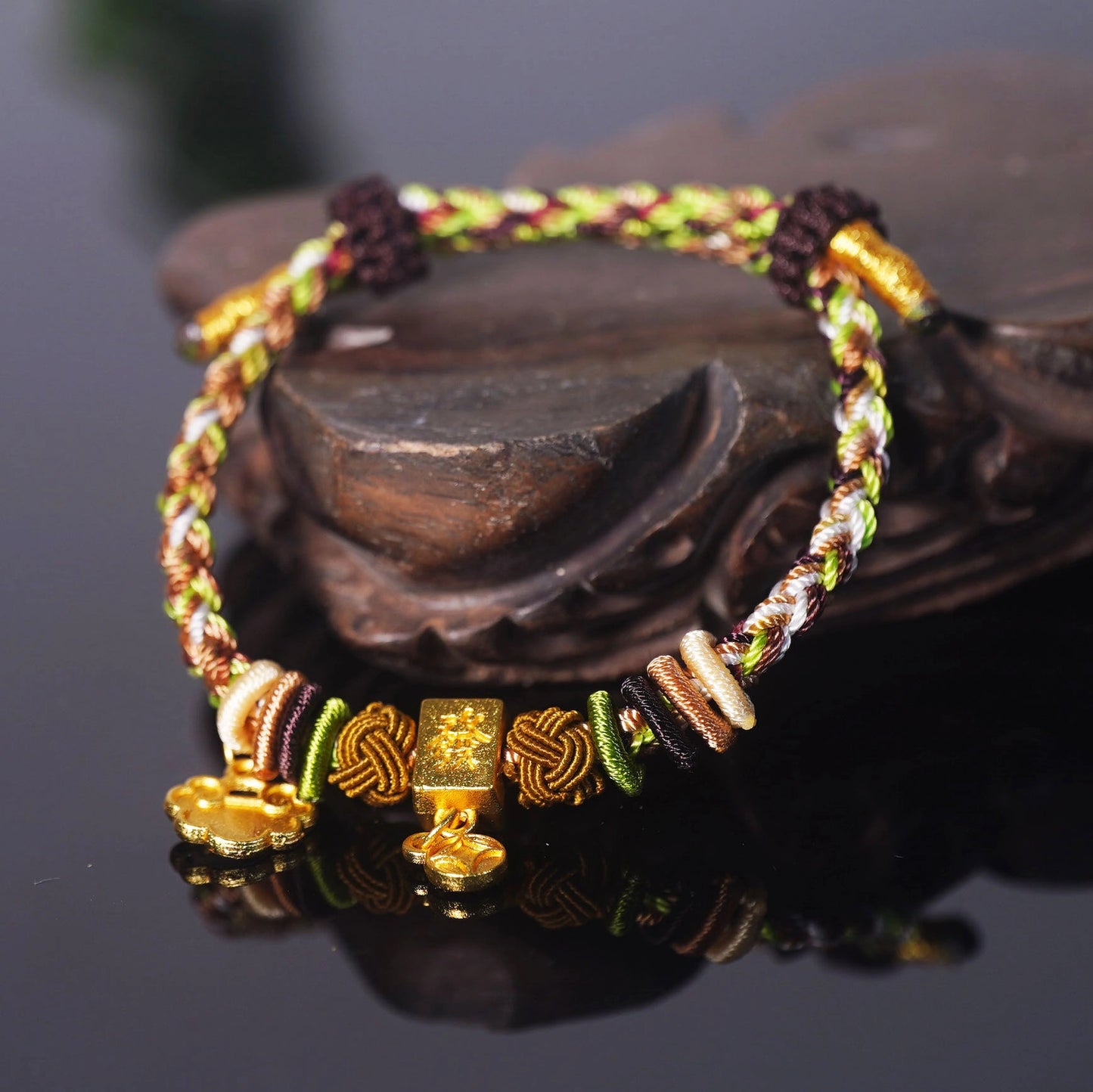 Oriental Knot of Destiny Bracelet - Handcrafted Five-Element Weave with Ancient Gold Charm