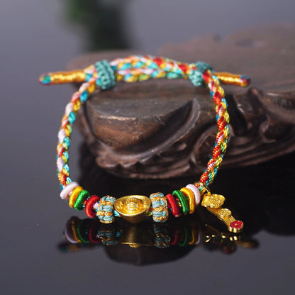 Oriental Knot of Destiny Bracelet - Handcrafted Five-Element Weave with Ancient Gold Charm