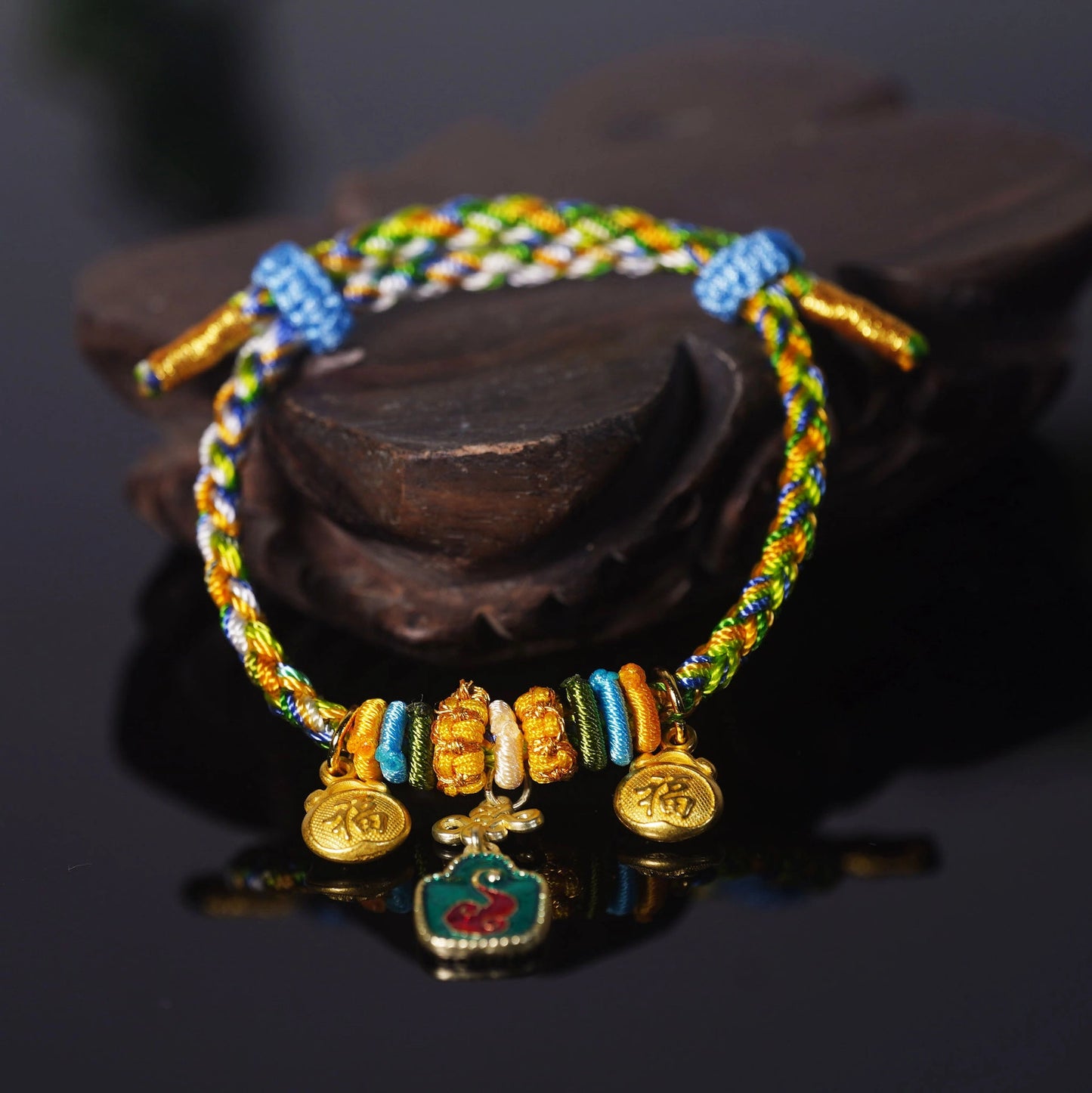 Oriental Knot of Destiny Bracelet - Handcrafted Five-Element Weave with Ancient Gold Charm