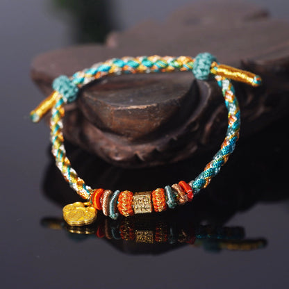 Oriental Knot of Destiny Bracelet - Handcrafted Five-Element Weave with Ancient Gold Charm