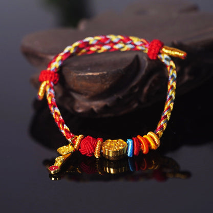 Oriental Knot of Destiny Bracelet - Handcrafted Five-Element Weave with Ancient Gold Charm