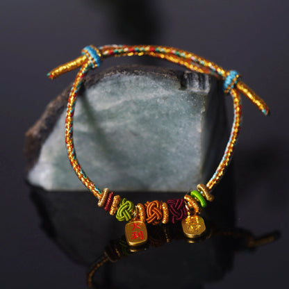 Oriental Knot of Destiny Bracelet - Handcrafted Five-Element Weave with Ancient Gold Charm