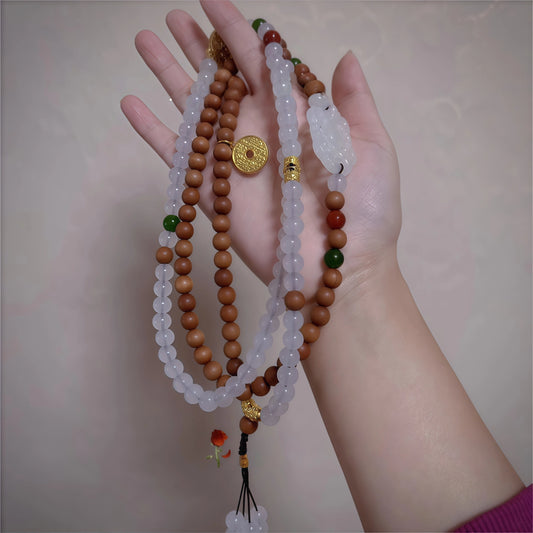 Sandalwood White Jade Mala Necklace