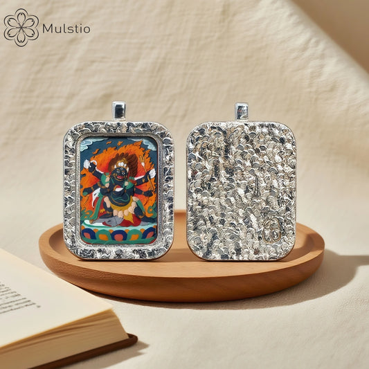 Six-Armed Mahakala Silver Handmade Thangka Pendant - Protection Wisdom Talisman