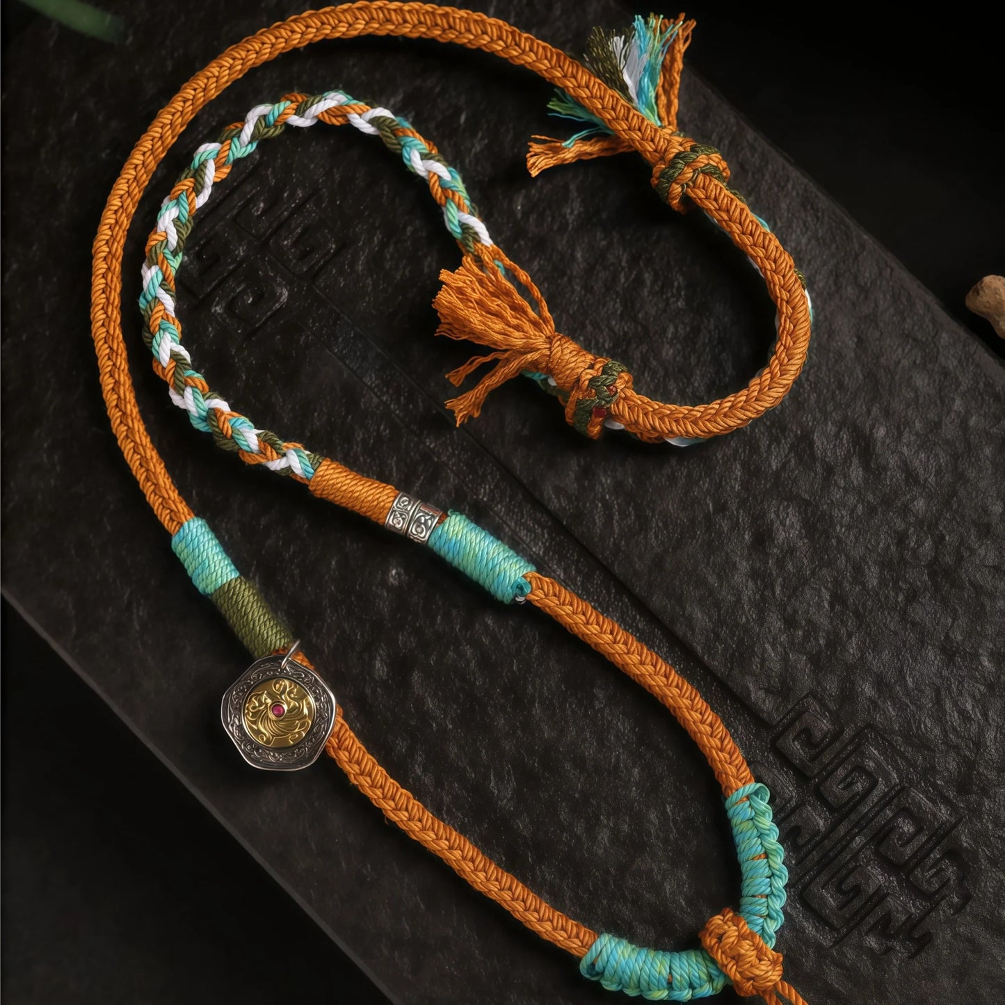 Six Syllables Mantra Orange String Necklace - Tibetan Protective Knot Adjustable Cord