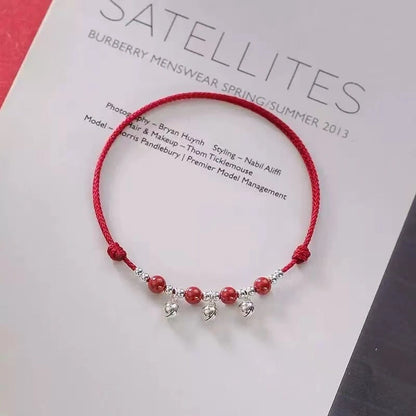 Sound-Bell & Cinnabar Handwoven Red String Anklet - Adjustable, Lucky Charm & Protection