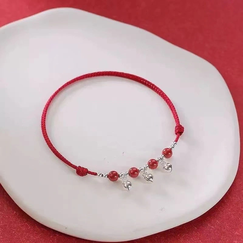 Sound-Bell & Cinnabar Handwoven Red String Anklet - Adjustable, Lucky Charm & Protection