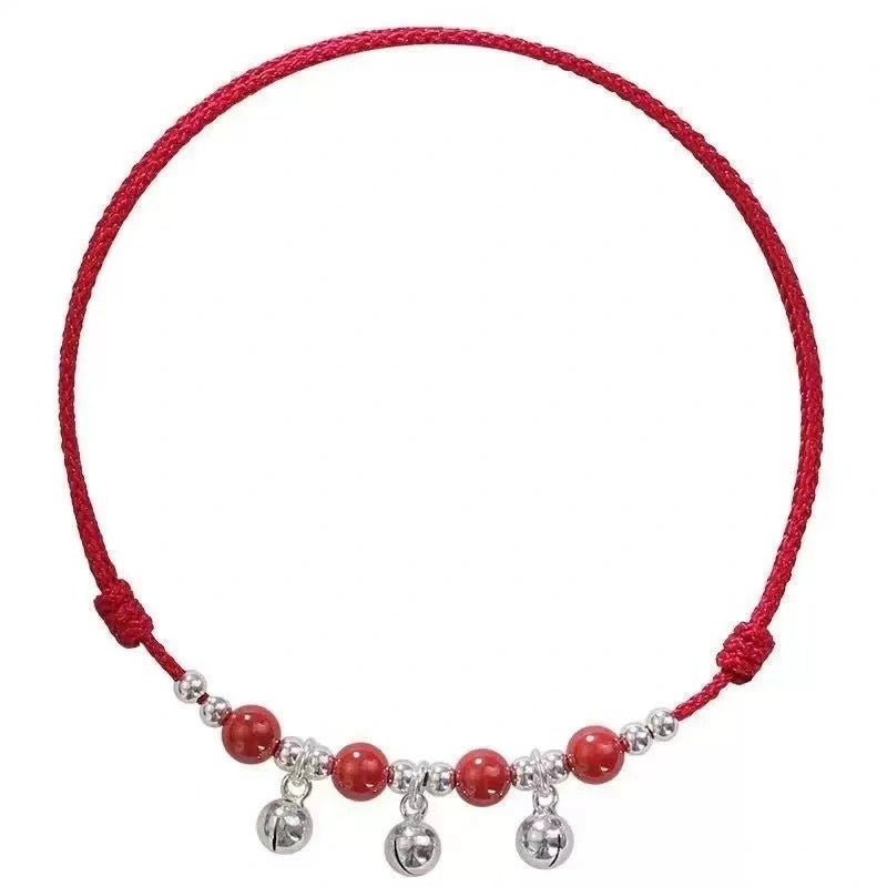 Sound-Bell & Cinnabar Handwoven Red String Anklet - Adjustable, Lucky Charm & Protection