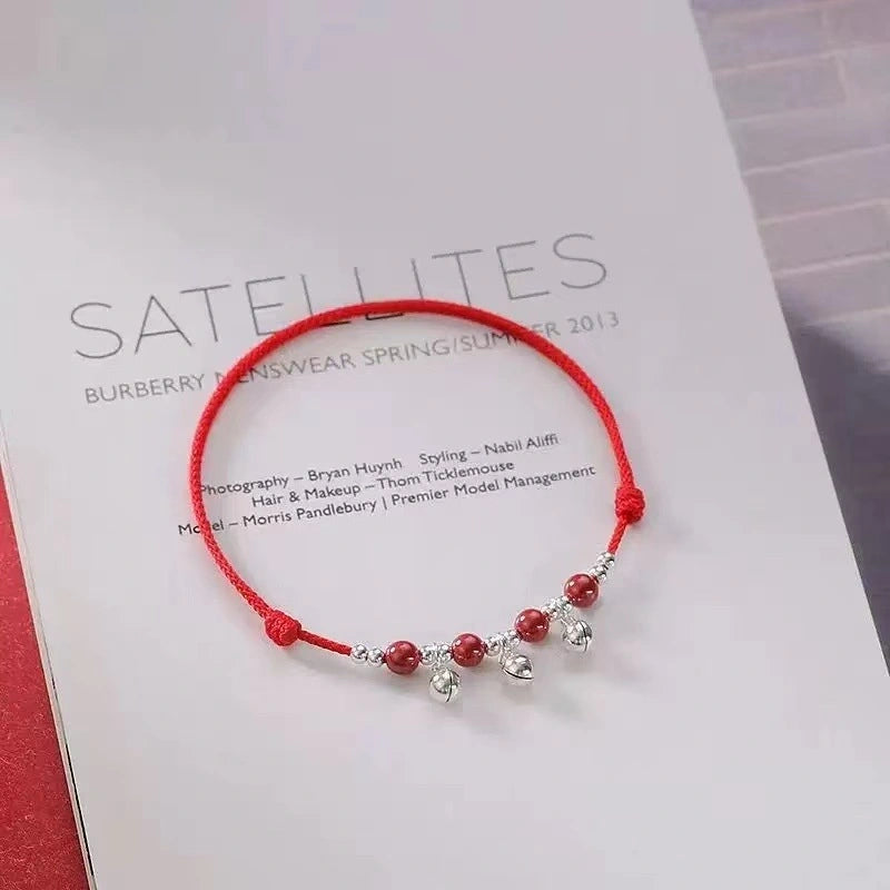 Sound-Bell & Cinnabar Handwoven Red String Anklet - Adjustable, Lucky Charm & Protection