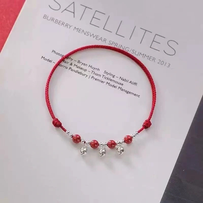 Sound-Bell & Cinnabar Handwoven Red String Anklet - Adjustable, Lucky Charm & Protection