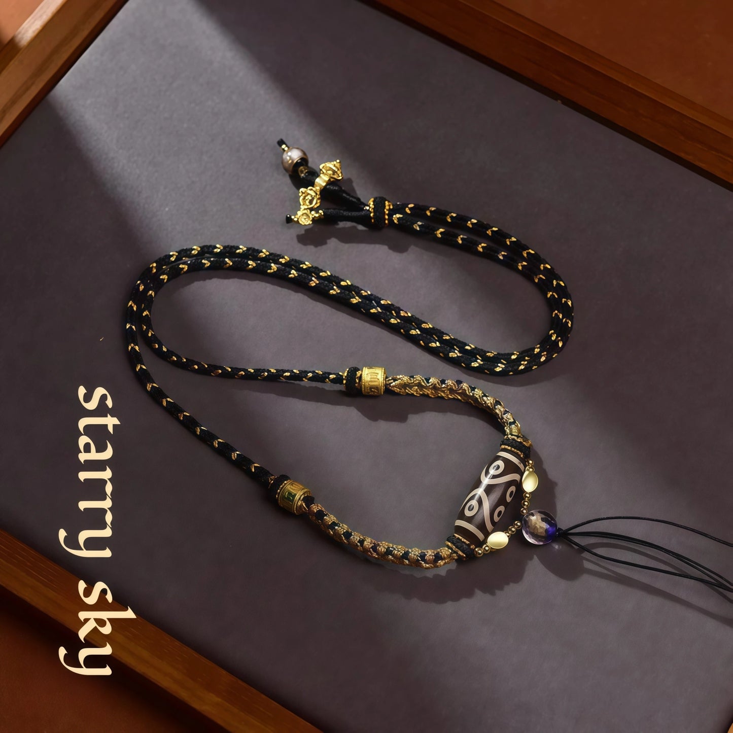 Starry Night Tibetan Dzi Bead String Necklace - Adjustable Celestial Cord