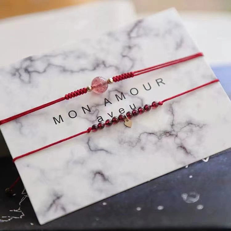 Strawberry Quartz & Heart Pendant Garnet Bracelet  Anklet Set - Fire+Earth Element, Love & Attraction