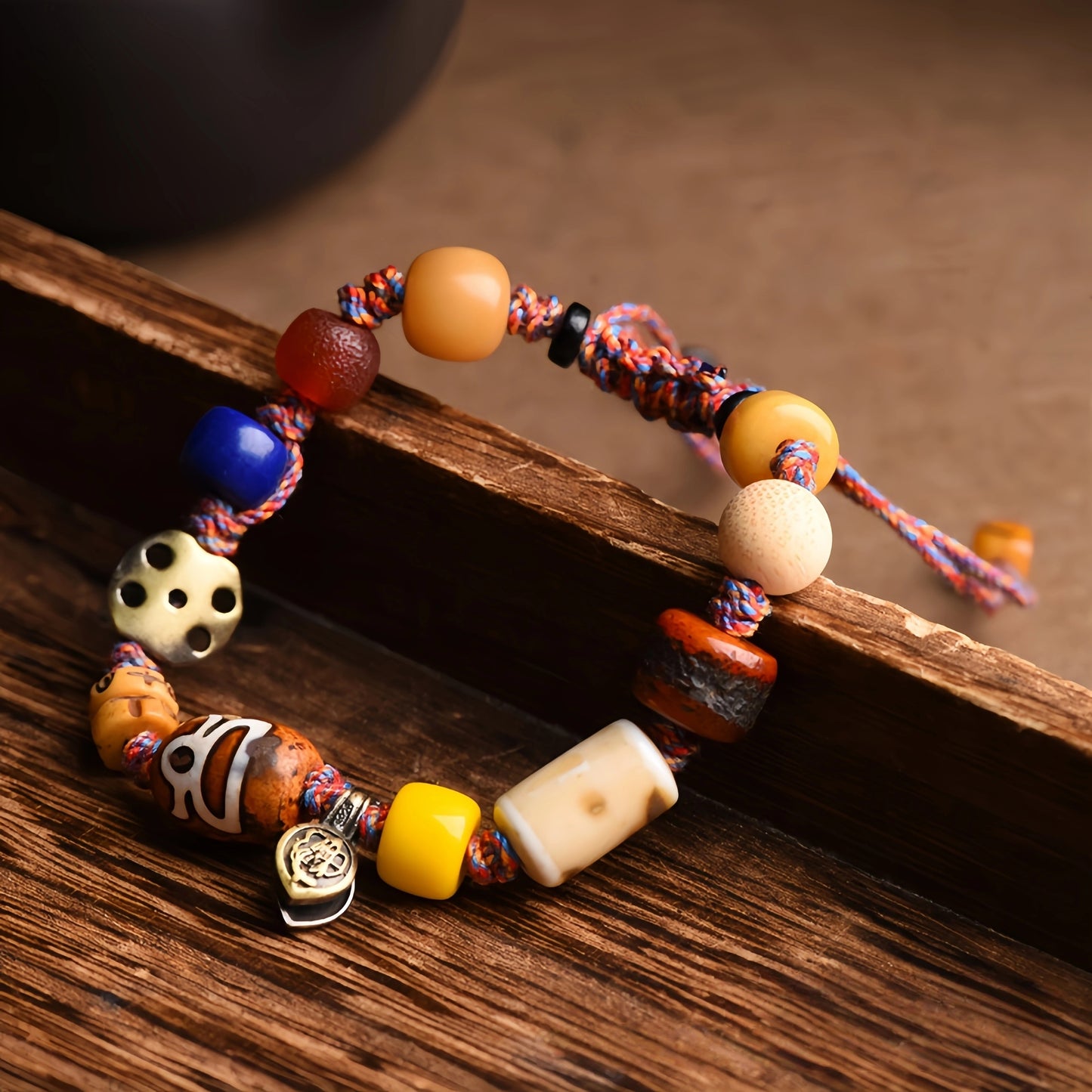 Tibetan Buddhist Ox Bone Carved Handwoven Bracelet - Cotton, Ox Bone, Brass, Sandalwood, Lapis Lazuli, Glass, Agate - Earth+Metal Element, Protection & Grounding