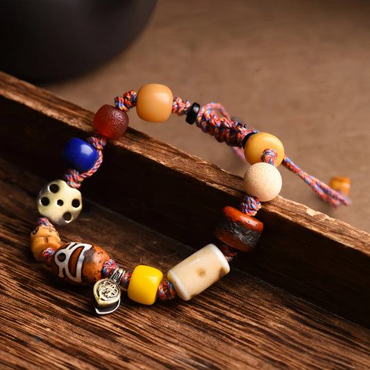 Tibetan Buddhist Ox Bone Carved Handwoven Bracelet - Cotton, Ox Bone, Brass, Sandalwood, Lapis Lazuli, Glass, Agate - Earth+Metal Element, Protection & Grounding