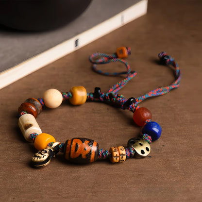 Tibetan Buddhist Ox Bone Carved Handwoven Bracelet - Cotton, Ox Bone, Brass, Sandalwood, Lapis Lazuli, Glass, Agate - Earth+Metal Element, Protection & Grounding