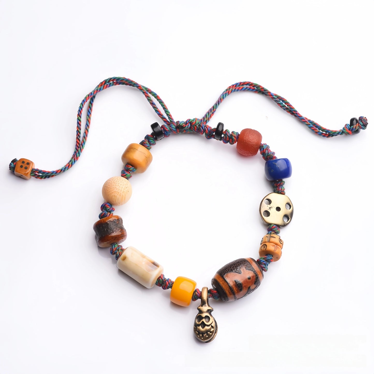 Tibetan Buddhist Ox Bone Carved Handwoven Bracelet - Cotton, Ox Bone, Brass, Sandalwood, Lapis Lazuli, Glass, Agate - Earth+Metal Element, Protection & Grounding