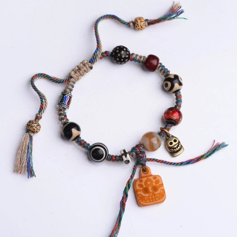 Tibetan Dzi Bead, Glass, Bodhi Seed Multi-Gem Bracelet with Camel Bone Mahakala Pendant - Handwoven Cotton String, Earth+Metal Element, Protection & Prosperity