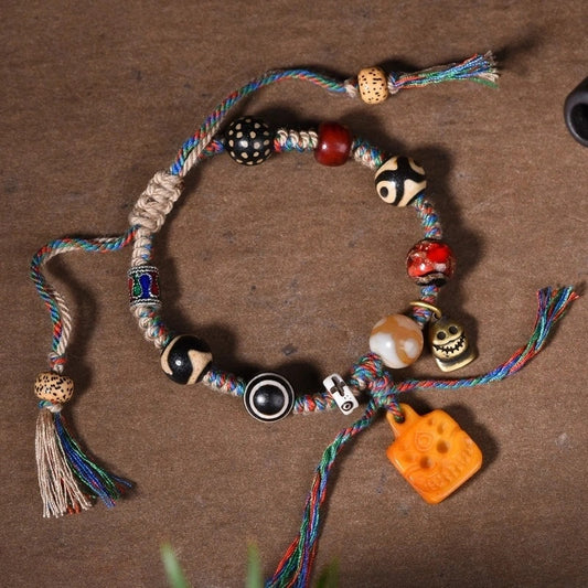 Tibetan Dzi Bead, Glass, Bodhi Seed Multi-Gem Bracelet with Camel Bone Mahakala Pendant - Handwoven Cotton String, Earth+Metal Element, Protection & Prosperity