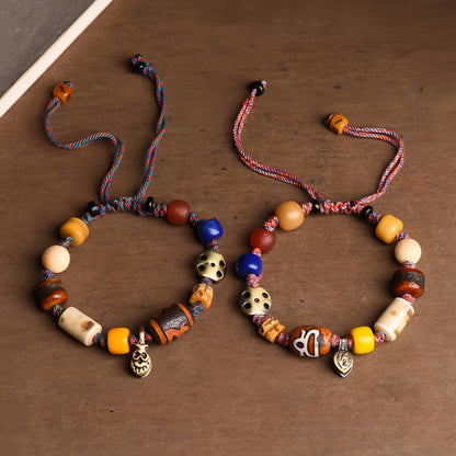 Tibetan Buddhist Ox Bone Carved Handwoven Bracelet - Cotton, Ox Bone, Brass, Sandalwood, Lapis Lazuli, Glass, Agate - Earth+Metal Element, Protection & Grounding