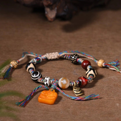 Tibetan Dzi Bead, Glass, Bodhi Seed Multi-Gem Bracelet with Camel Bone Mahakala Pendant - Handwoven Cotton String, Earth+Metal Element, Protection & Prosperity