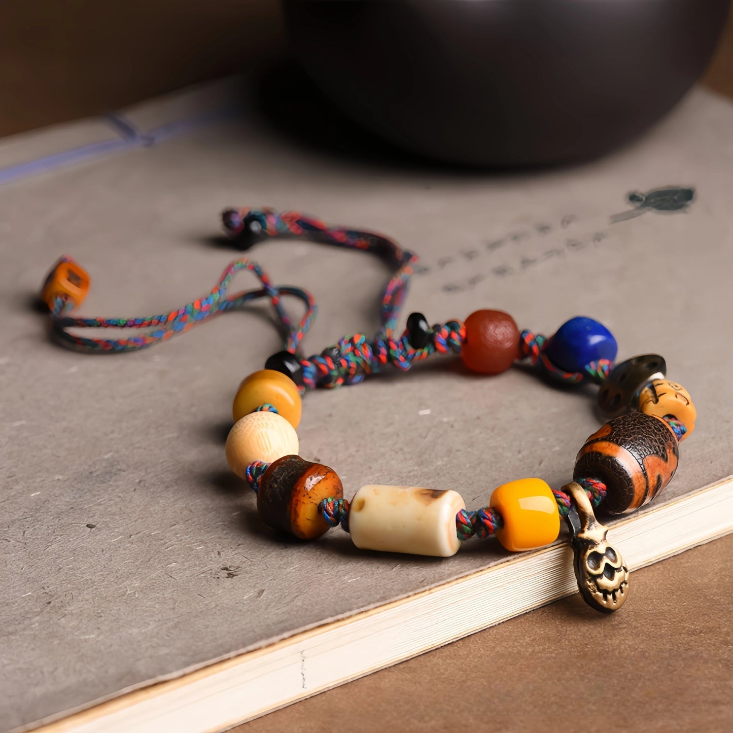 Tibetan Buddhist Ox Bone Carved Handwoven Bracelet - Cotton, Ox Bone, Brass, Sandalwood, Lapis Lazuli, Glass, Agate - Earth+Metal Element, Protection & Grounding