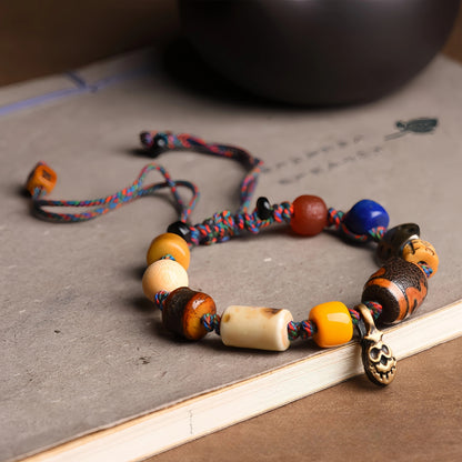Tibetan Buddhist Ox Bone Carved Handwoven Bracelet - Cotton, Ox Bone, Brass, Sandalwood, Lapis Lazuli, Glass, Agate - Earth+Metal Element, Protection & Grounding