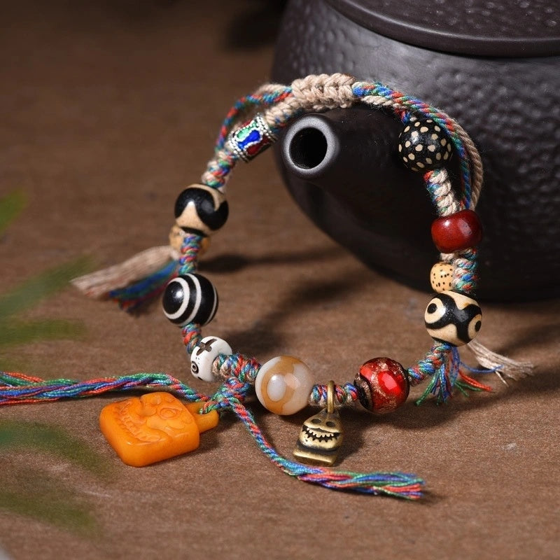 Tibetan Dzi Bead, Glass, Bodhi Seed Multi-Gem Bracelet with Camel Bone Mahakala Pendant - Handwoven Cotton String, Earth+Metal Element, Protection & Prosperity