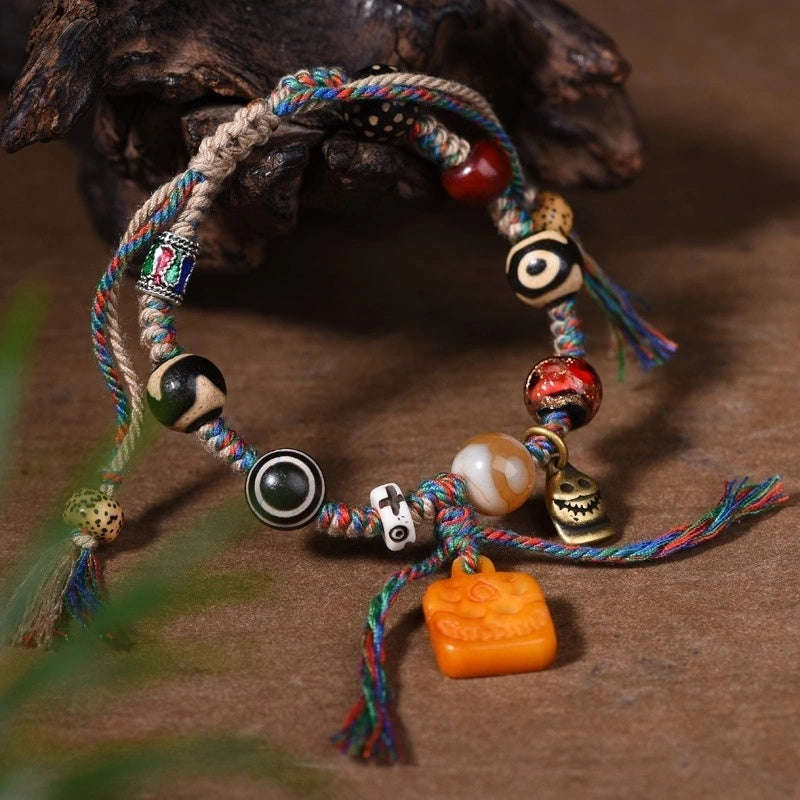 Tibetan Dzi Bead, Glass, Bodhi Seed Multi-Gem Bracelet with Camel Bone Mahakala Pendant - Handwoven Cotton String, Earth+Metal Element, Protection & Prosperity