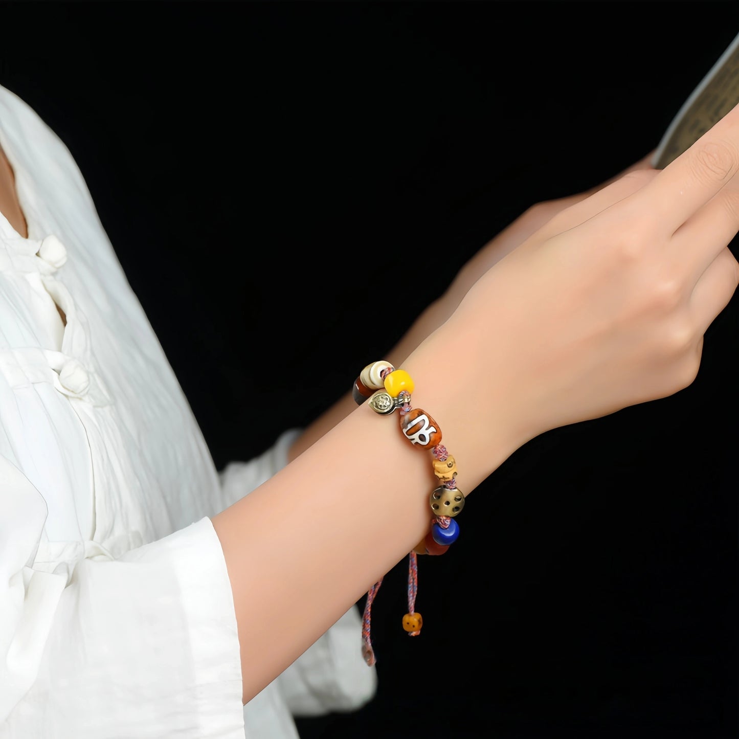 Tibetan Buddhist Ox Bone Carved Handwoven Bracelet - Cotton, Ox Bone, Brass, Sandalwood, Lapis Lazuli, Glass, Agate - Earth+Metal Element, Protection & Grounding