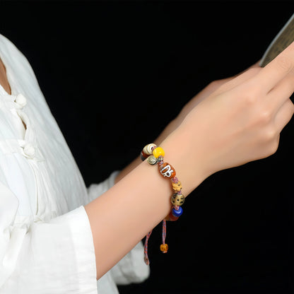 Tibetan Buddhist Ox Bone Carved Handwoven Bracelet - Cotton, Ox Bone, Brass, Sandalwood, Lapis Lazuli, Glass, Agate - Earth+Metal Element, Protection & Grounding