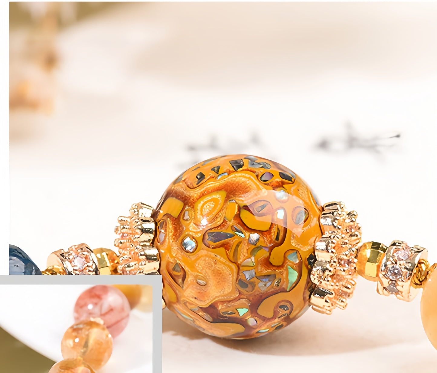Traditional Lacquer Craft Multi-Gem Adjustable Beaded Bracelet - Rose Quartz, Blue Crystal, Citrine, Gold Thread - Earth+Fire Element, Culture & Prosperity