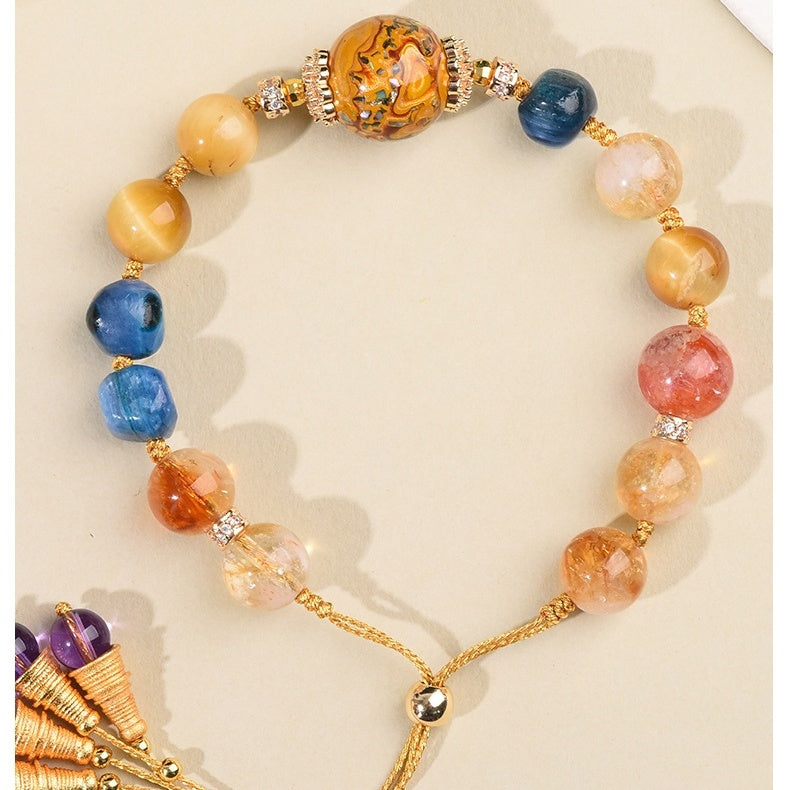 Traditional Lacquer Craft Multi-Gem Adjustable Beaded Bracelet - Rose Quartz, Blue Crystal, Citrine, Gold Thread - Earth+Fire Element, Culture & Prosperity